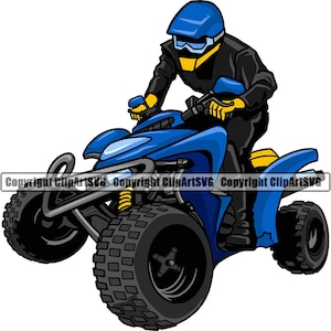 Könnte beinhalten: Ein blaues und schwarzes ATV mit einem Fahrer, der einen blauen Helm und eine Brille trägt. Das ATV hat große schwarze Reifen und einen gelben Lenker.
