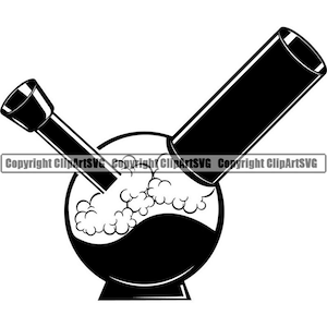 May include: Black and white illustration of a glass bong with smoke coming out of the top.
