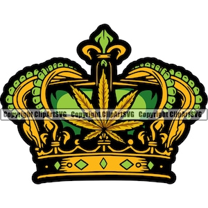 May include: A gold crown with a green marijuana leaf on top. The crown has a pointed top and a band of diamonds around the bottom.