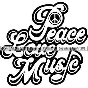 Peut inclure: Conception graphique en noir et blanc avec le texte "Peace Love Music" dans une police de caractères stylisée. Un symbole de paix est intégré à la conception.