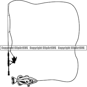 Könnte beinhalten: Schwarze und weiße Silhouette einer Angelrute und einer Rolle mit einem Fisch am Ende der Leine. Die Angelrute und die Rolle befinden sich auf der linken Seite des Bildes und der Fisch auf der rechten Seite. Das Bild ist von einem schwarzen Umriss umgeben.