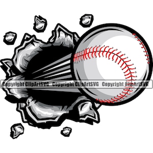 May include: A white baseball with red stitching breaks through a gray and black hole. The baseball is flying through the air with a motion blur effect.