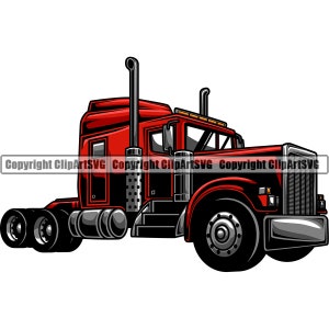 May include: A red semi-truck with black accents and large tyres. The truck has a large cab and a long trailer.