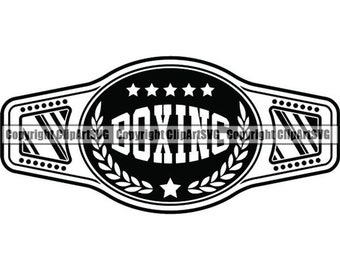 May include: A black and white boxing championship belt design. The oval center features the word "BOXING" in bold letters, surrounded by stars, laurel leaves, and a star at the bottom. The belt has rectangular side panels.