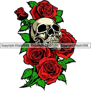 Czaszka Róże Śmierć Zło Zabić Zabójca Tatuaż Część ciała człowieka Szkielet Kość Kwiaty Vintage Design Sztuka Grafika Logo SVG PNG Clipart Wektor Cięcie