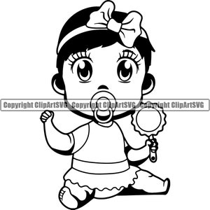 Dessin animé mignon bébé fille femelle infantile cheveux ruban noeud sucette hochet jouet grands yeux Art Design Logo SVG PNG Clipart vectoriel coupe fichier de coupe