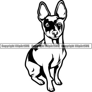 May include: Black and white silhouette of a Rat Terrier dog sitting with its ears perked up.