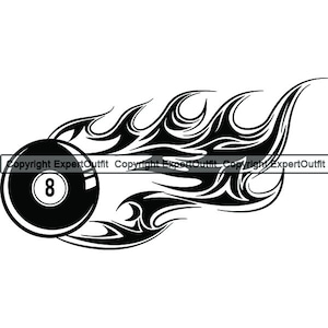 Billiards 8-Ball Motion Hot Fire Flames Player Pool Hall Shark Equipment Game Sports Design Element Logo .SVG .PNG Vector Cricut Cut Cutting