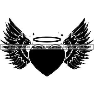 Coeur Angel Wings Halo Love Symbol Angel Tattoo Tat Valentines Life Death Feather Fly Flying SVG PNG Digital Clipart Vector Cutting File