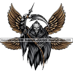 Sensenmann Skelett Killer Schädel Sichel Klinge Engel Tod Evil Kill Grim Scary Geist Tattoo Hölle Art Design Logo SVG PNG Vektor Clipart Cut