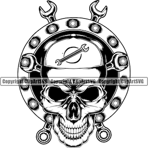 Pistón Cráneo Pernos Llave Motocicleta Personalizada Taller de Reparación de Automóviles Biker Montar Bicicleta Jinete Chopper Motor Logo SVG PNG Clipart Vector Corte Corte