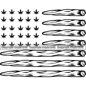 Op de afbeelding: Zwart-witte illustratie van een marihuanabladvlag met vijf horizontale strepen gemaakt van gerolde marihuanajoints. De vlag heeft 13 marihuanabladeren in elke rij.