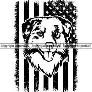 May include: Black and white silhouette of an Australian Shepherd dog's head with its tongue sticking out. The dog's head is centered in front of a distressed American flag background.
