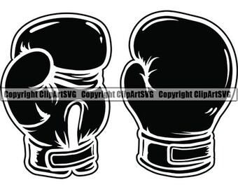 May include: Black and white illustration of two boxing gloves. The gloves are shown in a side view, with the cuffs and wrist straps clearly visible. The image has a clean, graphic design style, suitable for sports-themed products.