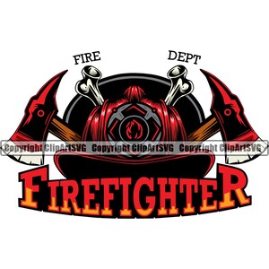 May include: A red and black firefighter logo with a helmet, crossed axes, and the words "FIRE DEPT" and "FIREFIGHTER".