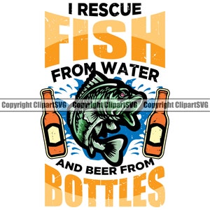 Op de afbeelding: Grafisch ontwerp met de tekst "I RESCUE FISH FROM WATER AND BEER FROM BOTTLES". Het ontwerp toont een groene en zwarte vis, blauwe waterspatten en twee oranje bierflessen op een witte achtergrond.