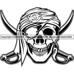 Puede incluir: Ilustración en blanco y negro de una calavera de pirata con un parche en el ojo y una bandana con un diseño de calavera y huesos cruzados. Dos espadas cruzadas están detrás de la calavera.