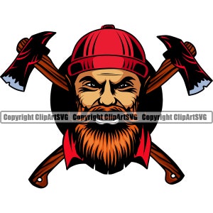 May include: A cartoon illustration of a lumberjack with a red beanie, a thick beard, and a serious expression. Two crossed axes are behind the lumberjack's head.