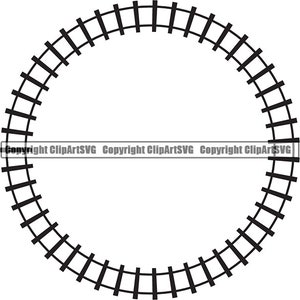 May include: Black and white illustration of a circular train track. The track is made up of a series of connected lines that form a circle.