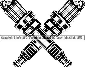 May include: Two black and white spark plugs crossed over each other. The spark plugs have a detailed design with a ribbed top and a hexagonal base.