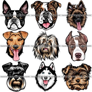 BUNDLE Perro Razas Cabeza Cara Cachorro Cachorro Canino Pedigrí Pura Raza Línea de Sangre Animal Mascota Logotipo Diseño SVG PNG Clipart Vector Cricut Corte Corte