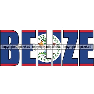 Puede incluir: La palabra "Belize" está escrita en letras grandes y en negrita. Cada letra está llena con los colores de la bandera de Belice: azul, rojo y el escudo de armas nacional. Las letras están delineadas en negro.