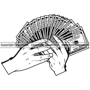 Puede incluir: Una ilustración en blanco y negro de dos manos sosteniendo una pila de billetes de dólar estadounidense. Los billetes están extendidos en abanico y muestran el texto "ONE HUNDRED DOLLARS" y "UNITED STATES OF AMERICA".