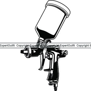 May include: A black and white illustration of a spray gun, featuring a paint reservoir, trigger, and nozzle. The design is a detailed representation of a professional painting tool, commonly used in automotive and industrial applications.