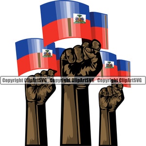 May include: Three raised fists holding up the Haitian flag. The flag is blue, red, and white with a coat of arms in the center. The fists are brown.
