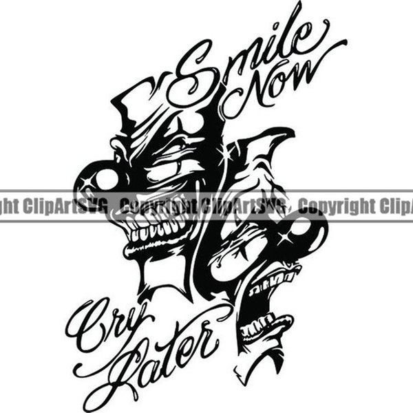 Happy Sad Masks #11 Smile Now Cry Later Clown Face Gangster Biker Thug Tattoo Illustration Theater.SVG.PNG Clipart Vector Cricut Cut Cutting