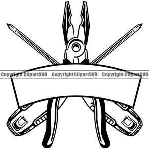 May include: Black and white illustration of a pair of pliers with two screwdrivers crossed behind them. The tools are surrounded by a banner with the text "Copyright ClipartSVG" repeated three times.