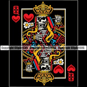 Regina Cuori Teschio Scheletro Poker Carte da gioco Gioco d'azzardo Gamble Casino Scommesse Scommesse Giochi di Blackjack SVG PNG Clipart Vector Cricut Taglio Taglio