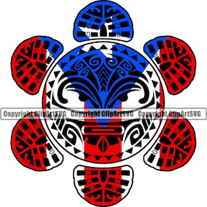 May include: A stylized turtle design with a red, white, and blue color scheme. The turtle's shell is decorated with a tribal pattern and the colors of the Puerto Rican flag.