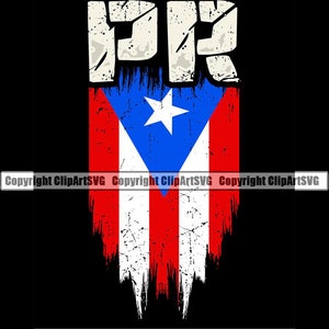 May include: A distressed, faded Puerto Rican flag with the letters "PR" in white above it. The flag is red, white, and blue with a white star in the blue triangle.