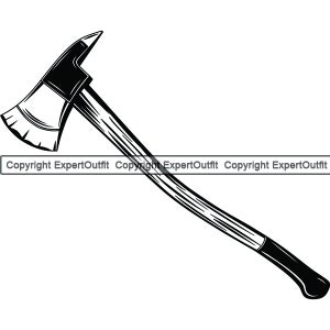 May include: A black and white illustration of a firefighter's axe. The axe has a wooden handle and a sharp blade.
