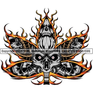 May include: A stylised cannabis leaf with flames and skulls. The leaf is orange and yellow, and the skulls are grey with red eyes. The text "Copyright ClipArtSVG" appears at the bottom of the image.