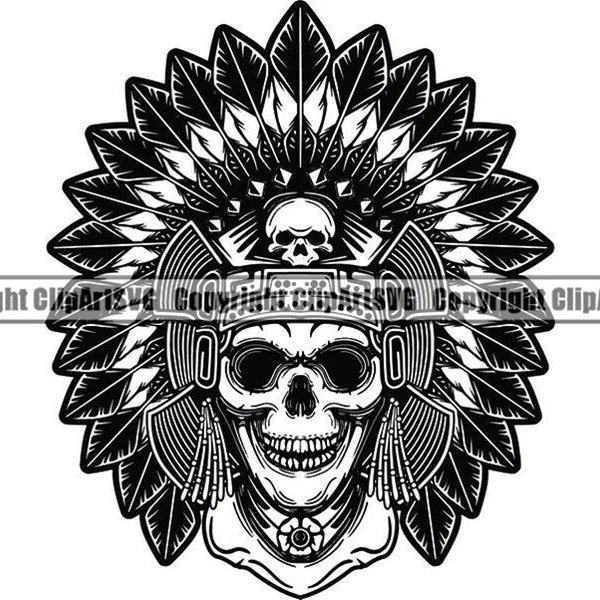 Indian Skull #5 Native American Warrior Headdress Feather Tribe Chief Aztec Tattoo Logo .SVG .EPS .PNG Clipart Vector Cricut Cut Cutting