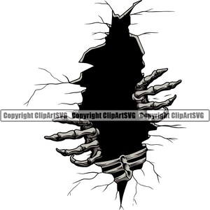 May include: A skeletal hand reaches out from a cracked wall, its bony fingers grasping at the edge of the opening. The wall is broken and jagged, with cracks radiating outward from the point of entry. The background is white.