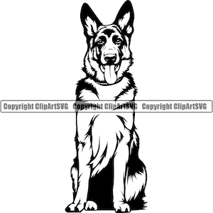 Deutscher Schäferhund Hund sitzen sitzend Rasse lächelnd glücklich Pfote Welpe Welpe Haustier Clip Art K-9 Cop Polizei Logo SVG PNG Clipart Vektor Cricut Cut Cutting