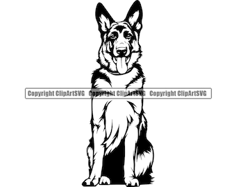 German Shepherd Dog Sit Sitting Breed Smiling Happy Paw Puppy Pup Pet Clip Art K-9 Cop Police Logo SVG PNG Clipart Vector Cricut Cut Cutting