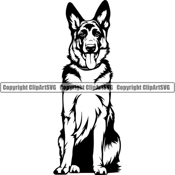 German Shepherd Dog Sit Sitting Breed Smiling Happy Paw Puppy Pup Pet Clip Art K-9 Cop Police Logo SVG PNG Clipart Vector Cricut Cut Cutting