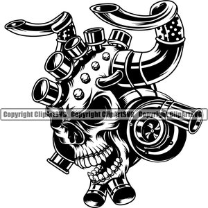 Puede incluir: Ilustración en blanco y negro de una calavera con un turbocompresor y tubos de escape. La calavera tiene una expresión amenazante y el turbocompresor está girando.