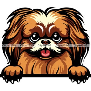 Pekingese Smiling Peeking Dog Cute Puppy Head Canine Pet Breed Animal Portrait Paw Print Cartoon Drawing Art Logo Tattoo Design SVG PNG Cut