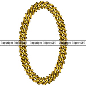 May include: A gold chain link design in the shape of an oval. The chain is thick and has a shiny finish.