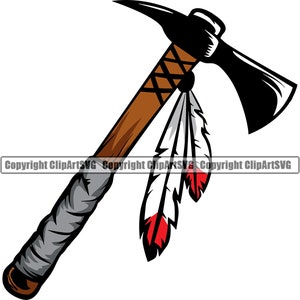 May include: A brown and black tomahawk with a gray wrapped handle and red and white feathers.