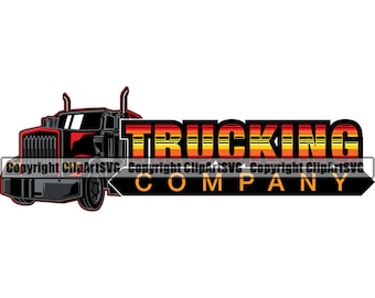 May include: A black semi-truck with red accents is in front of the text "TRUCKING COMPANY" in a retro style with orange, yellow, and red stripes.