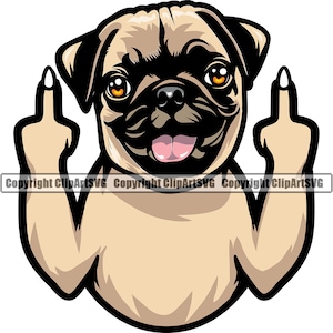 Mops Hund Mittelfinger Rasse Pfote Welpe Welpe Haustier K-9 Lustige Kunst Silhouette Design Element Logo SVG PNG Clipart Vektor Cricut Cut Schneidedatei