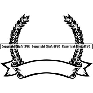May include: Black and white silhouette of a wheat wreath with a blank banner in the center. The banner is curved and has a ribbon-like design.