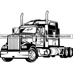 May include: A monochrome illustration of an articulated lorry. The image shows the truck's cab, trailer hitch, and multiple wheels. The design is a vector graphic, ideal for digital or print use.