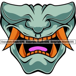 May include: A teal Japanese demon mask illustration with orange fangs and a pink tongue, set against a white background. The mask has an open mouth. The text "Copyright ClipArtSVG" is repeated across the bottom of the image.